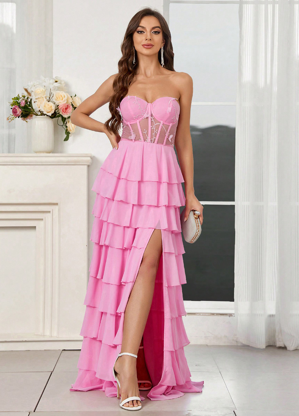 Рожева святковий, вечірня сукня з баскою, бандо, з відкритими плечима, з відкритою спиною SHEIN однотонна