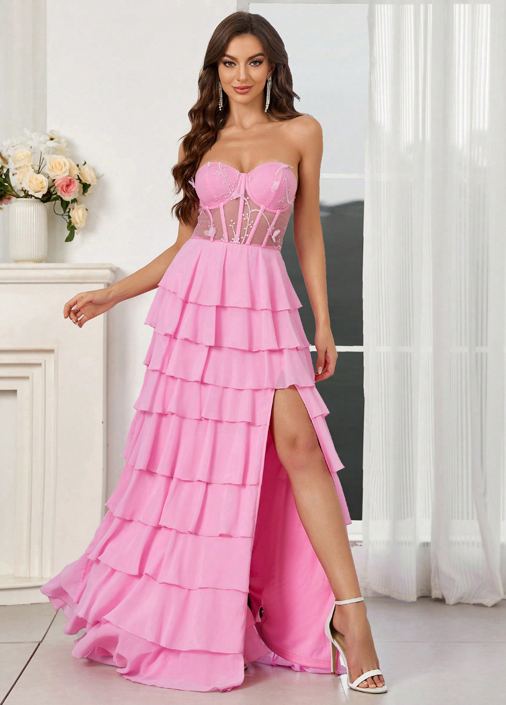 Рожева святковий, вечірня сукня з баскою, бандо, з відкритими плечима, з відкритою спиною SHEIN однотонна