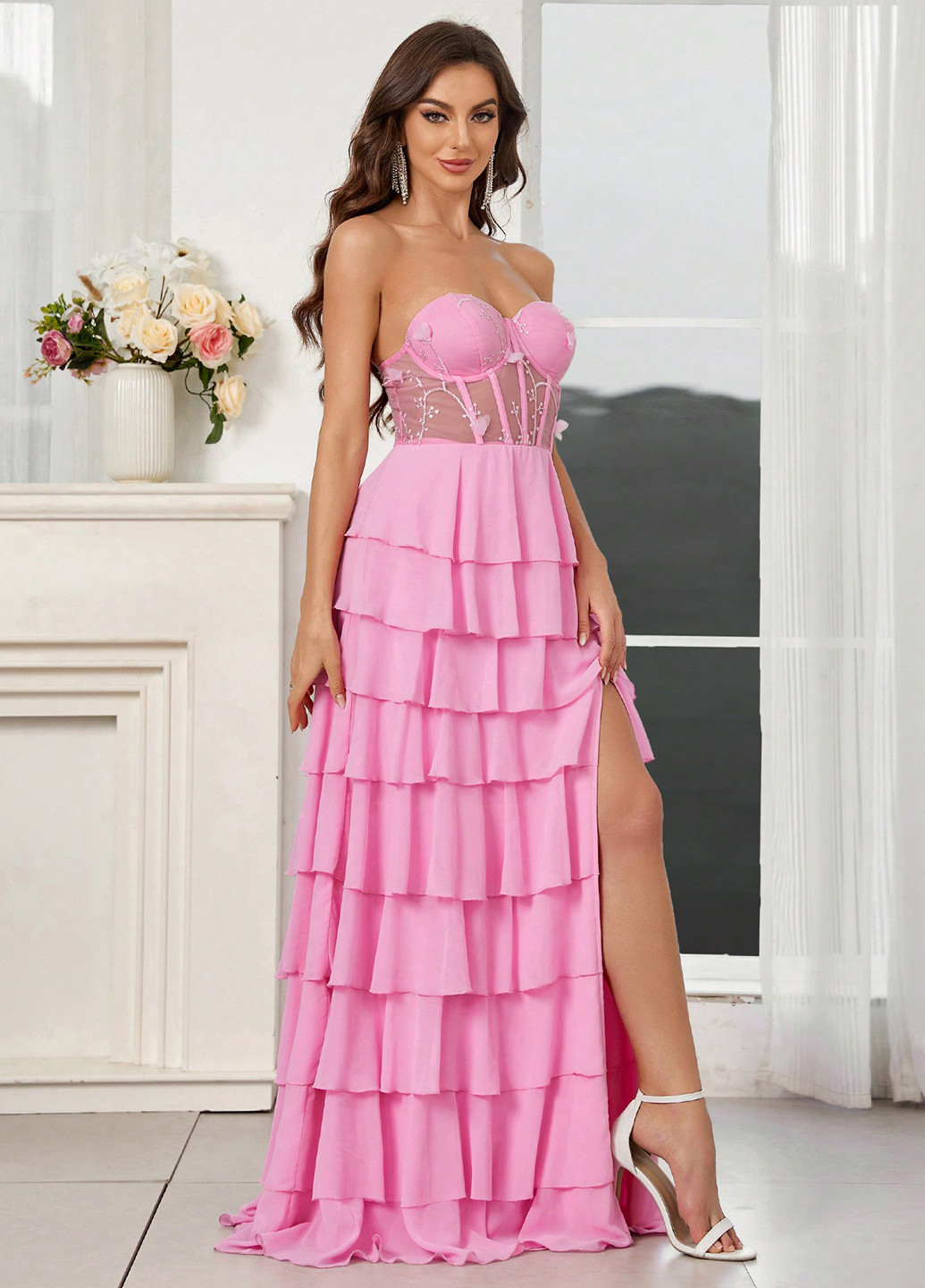 Рожева святковий, вечірня сукня з баскою, бандо, з відкритими плечима, з відкритою спиною SHEIN однотонна