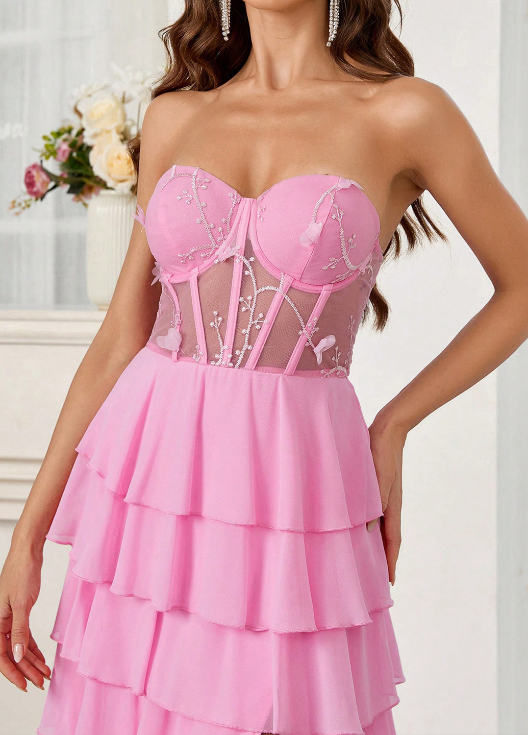 Рожева святковий, вечірня сукня з баскою, бандо, з відкритими плечима, з відкритою спиною SHEIN однотонна