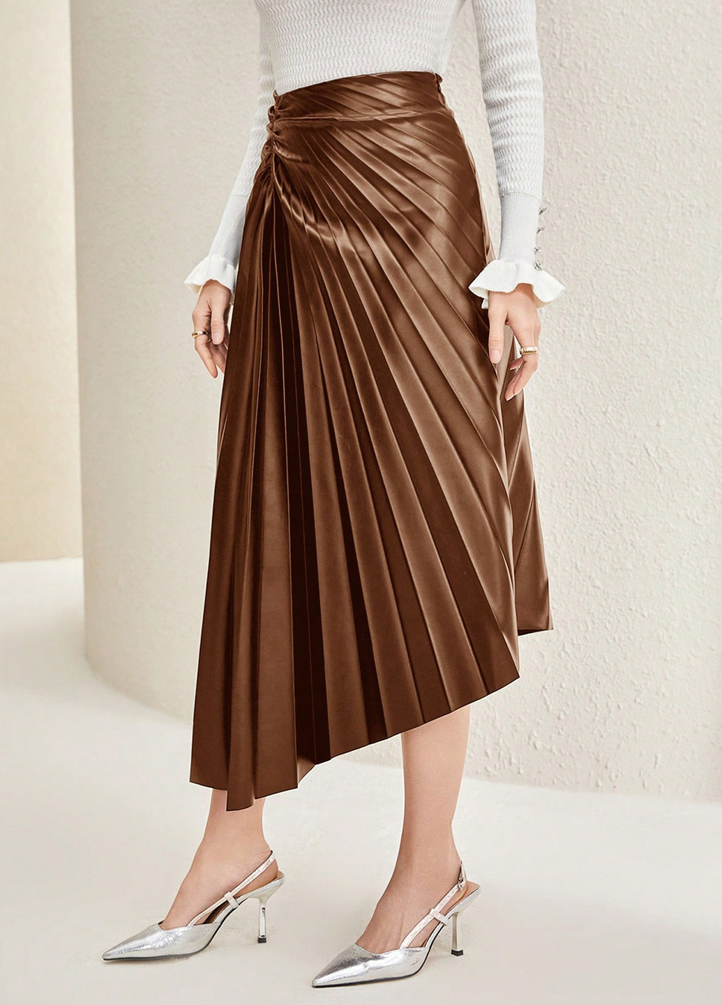 Коричневая кэжуал однотонная юбка SHEIN плиссе