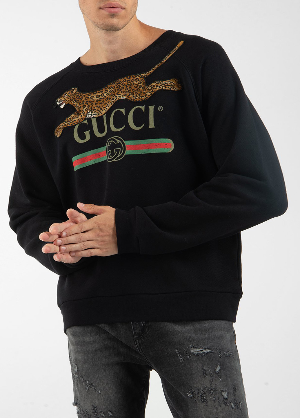 Бежевый хлопковый свитшот Tiger Gucci - крой надпись черный кэжуал - (198219194)