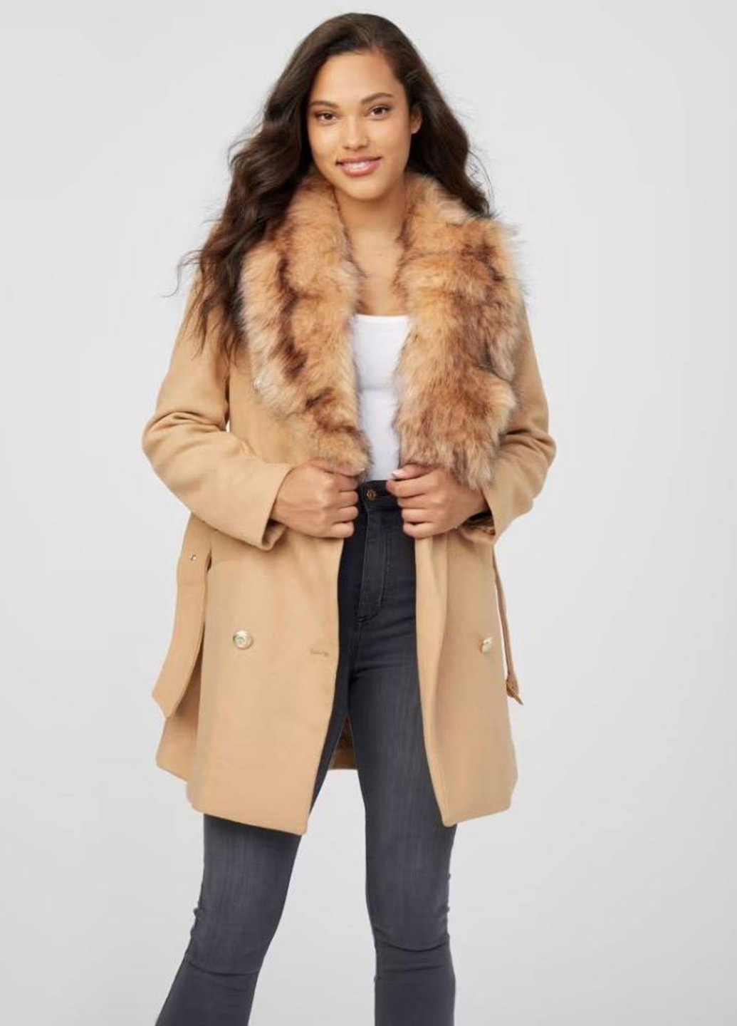 Бежевое демисезонное Пальто двубортное Guess