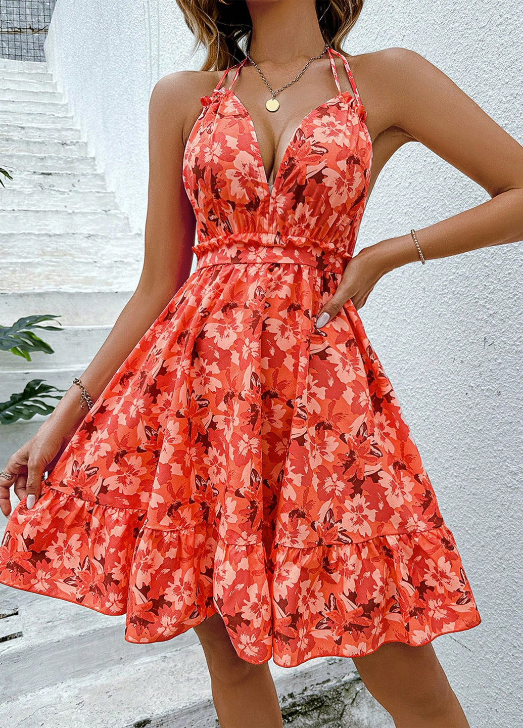 Комбінована кежуал сукня кльош, з відкритою спиною SHEIN з квітковим принтом