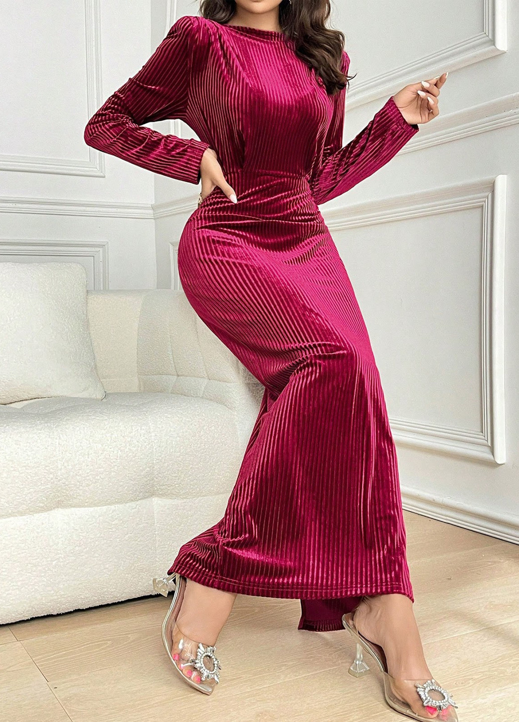 Бордовое вечернее платье SHEIN однотонное