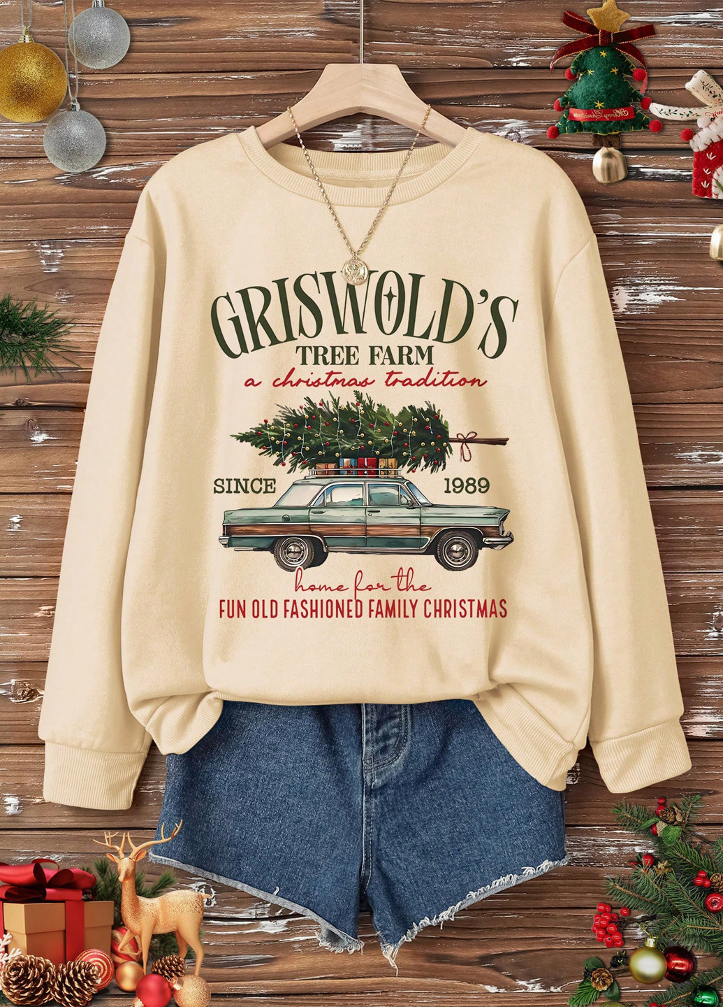 Бежевый свитшот SHEIN новогодний без декора (353322198)