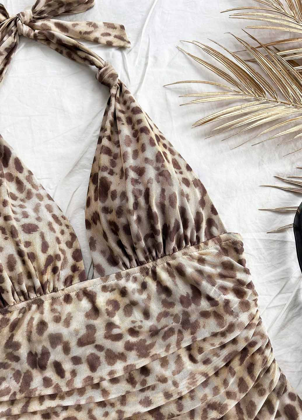 Коричневое кэжуал платье а-силуэт, с открытой спиной SHEIN леопардовый