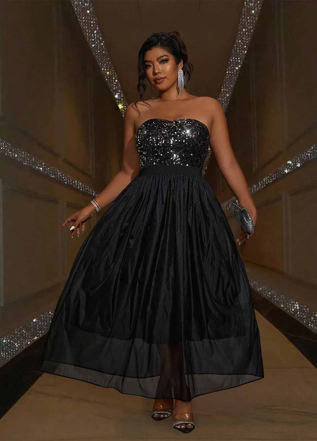 Чорна вечірня сукня з пишною спідницею, бандо SHEIN однотонна