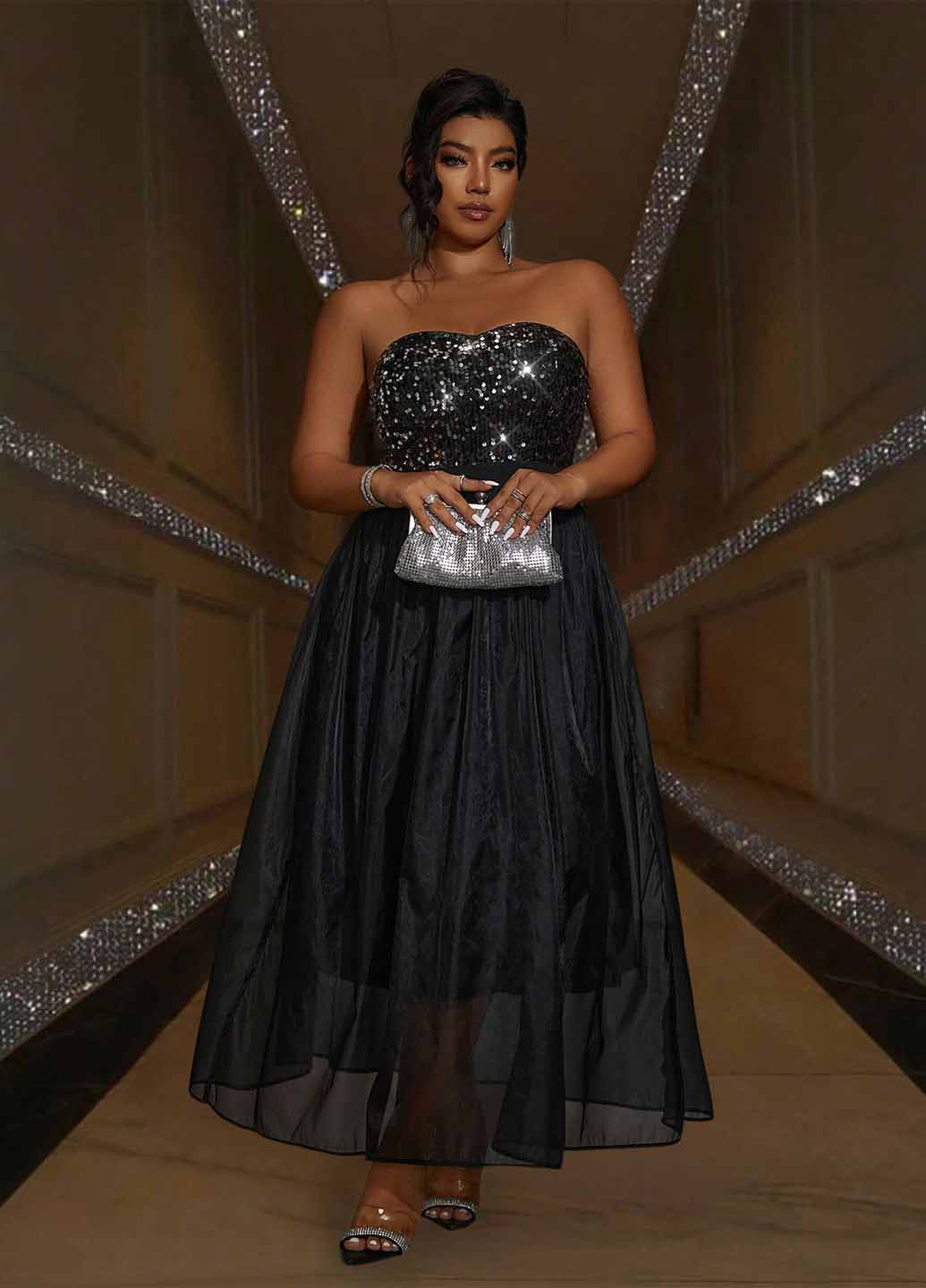 Чорна вечірня сукня з пишною спідницею, бандо SHEIN однотонна