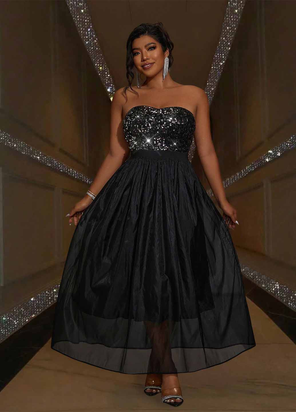 Чорна вечірня сукня з пишною спідницею, бандо SHEIN однотонна