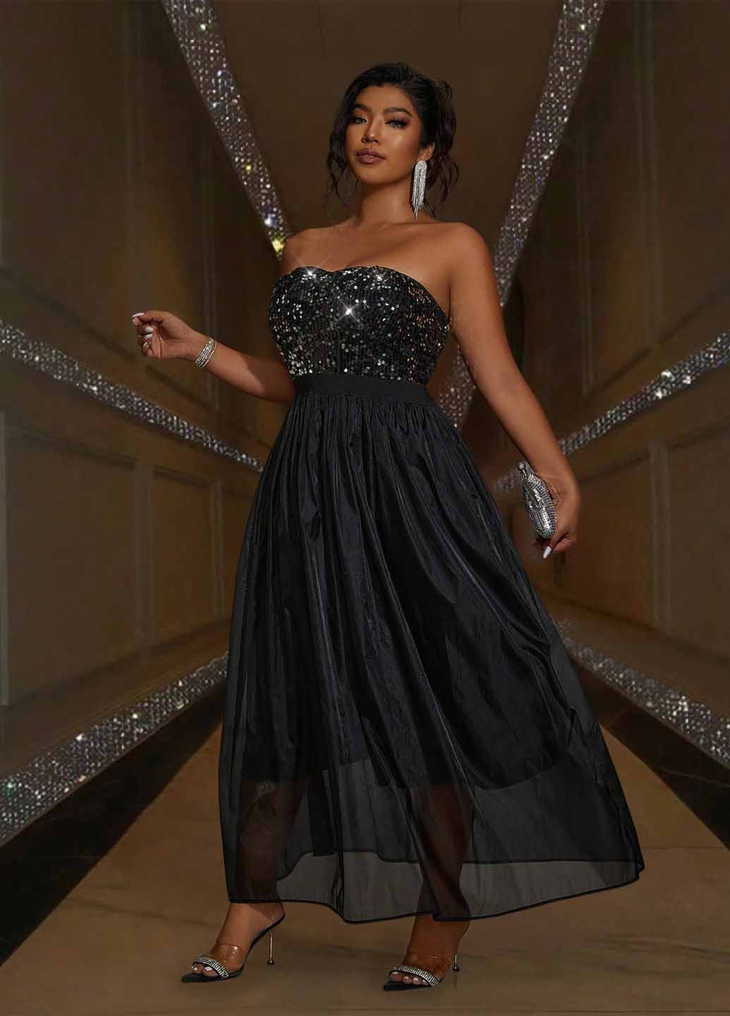 Чорна вечірня сукня з пишною спідницею, бандо SHEIN однотонна
