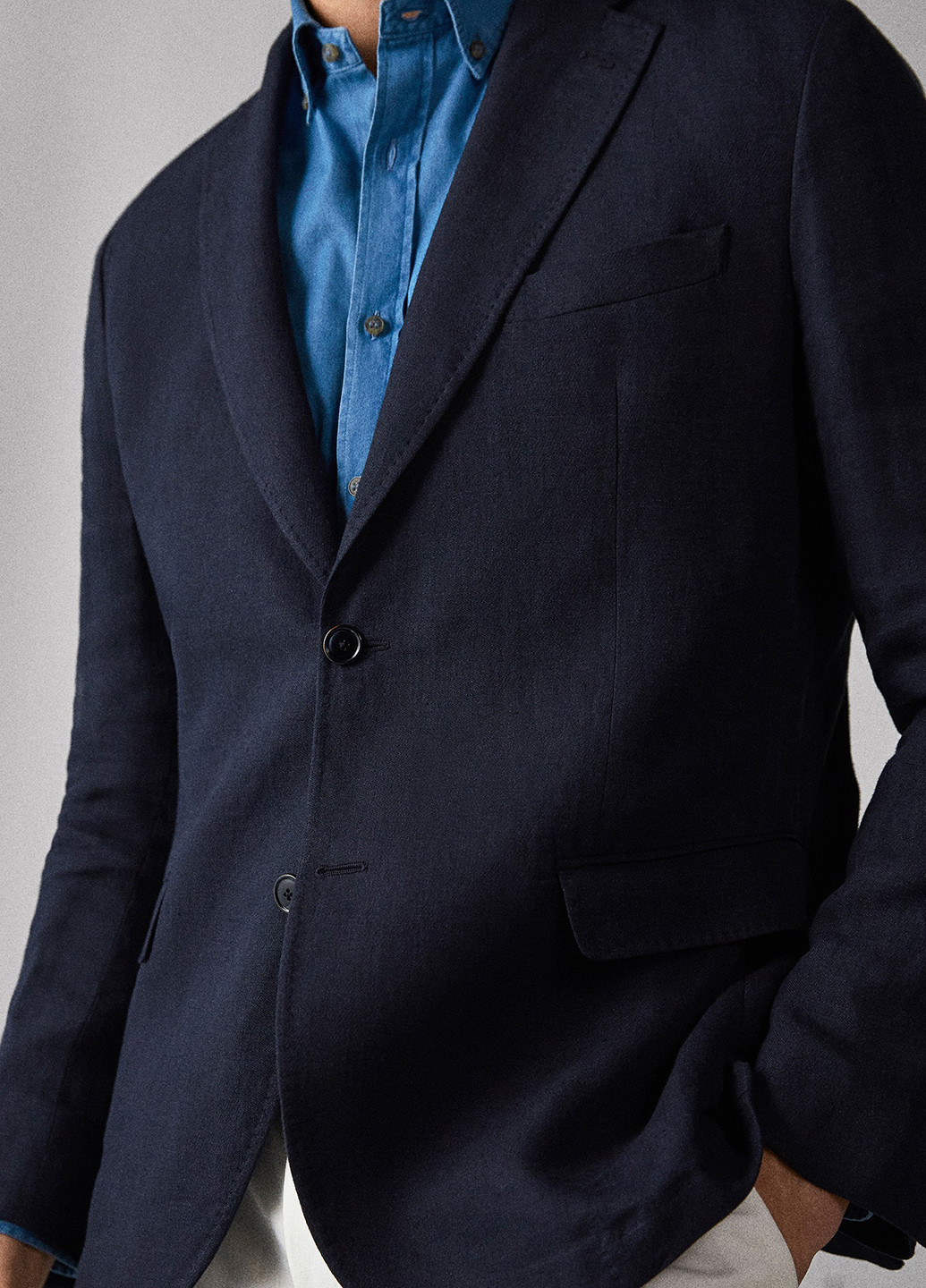 Пиджак Massimo Dutti однотонный тёмно-синий кэжуал лен