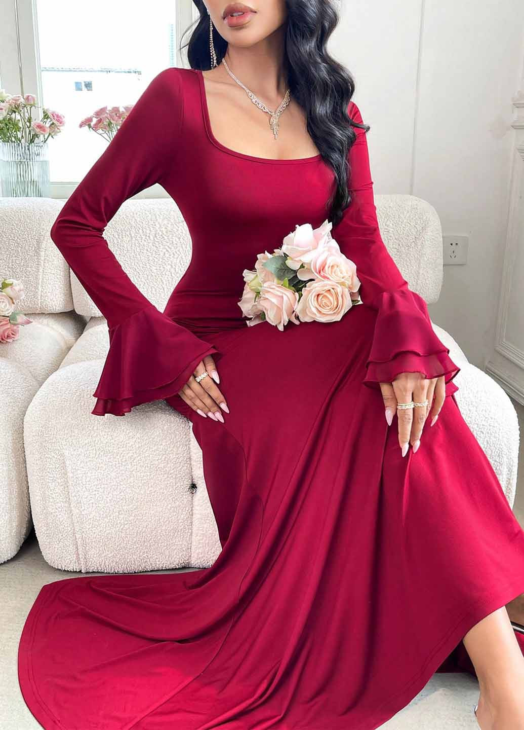 Бордова вечірня сукня годе SHEIN однотонна