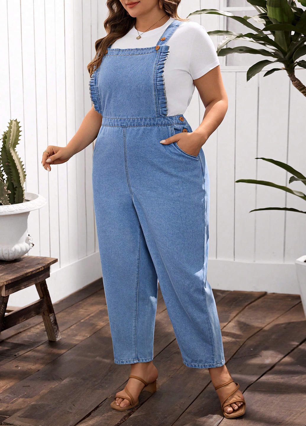 Комбинезон SHEIN комбинезон-брюки однотонный голубой денил, кэжуал хлопок, джинс