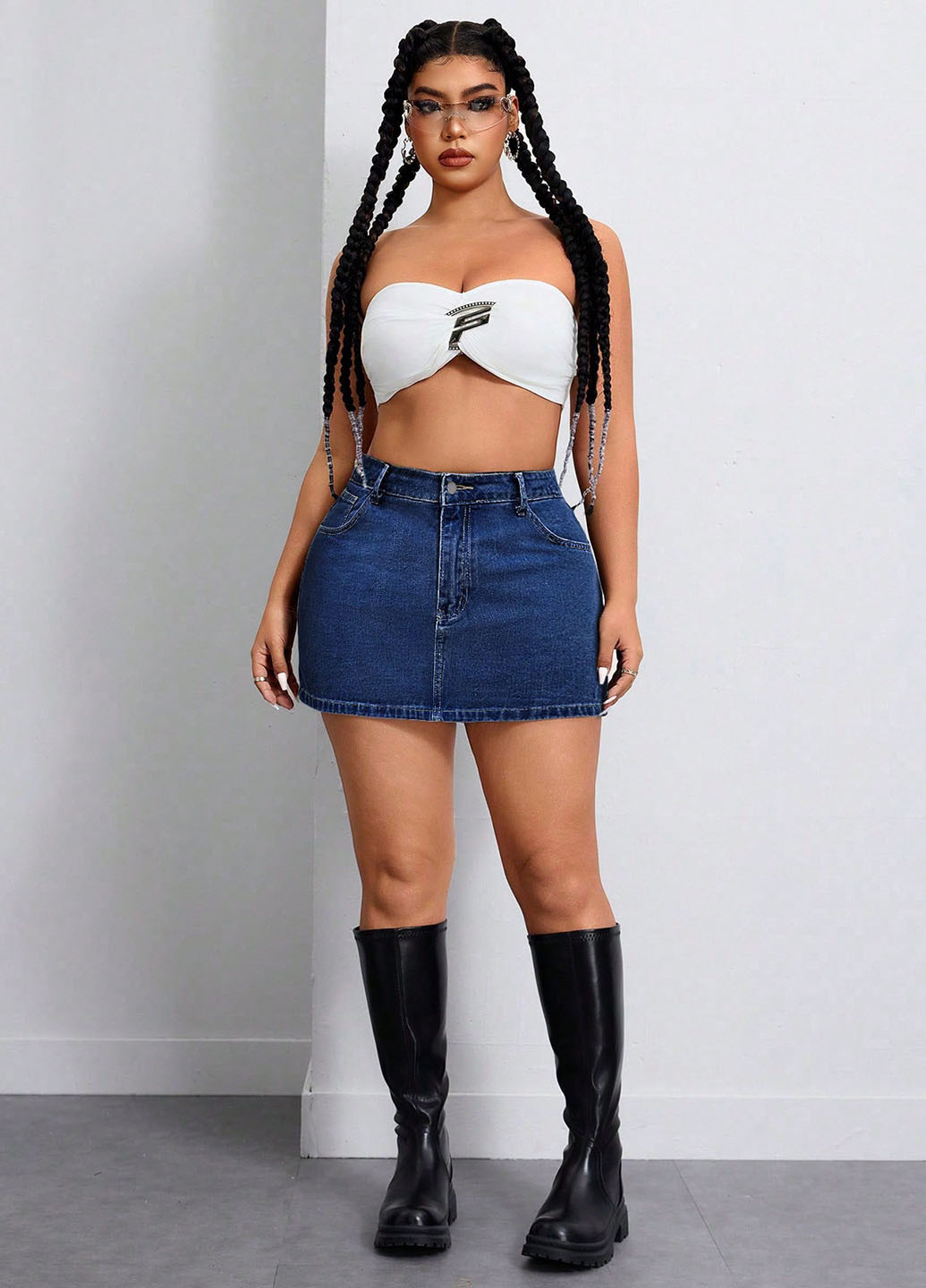 Темно-синяя джинсовая однотонная юбка SHEIN а-силуэта (трапеция)