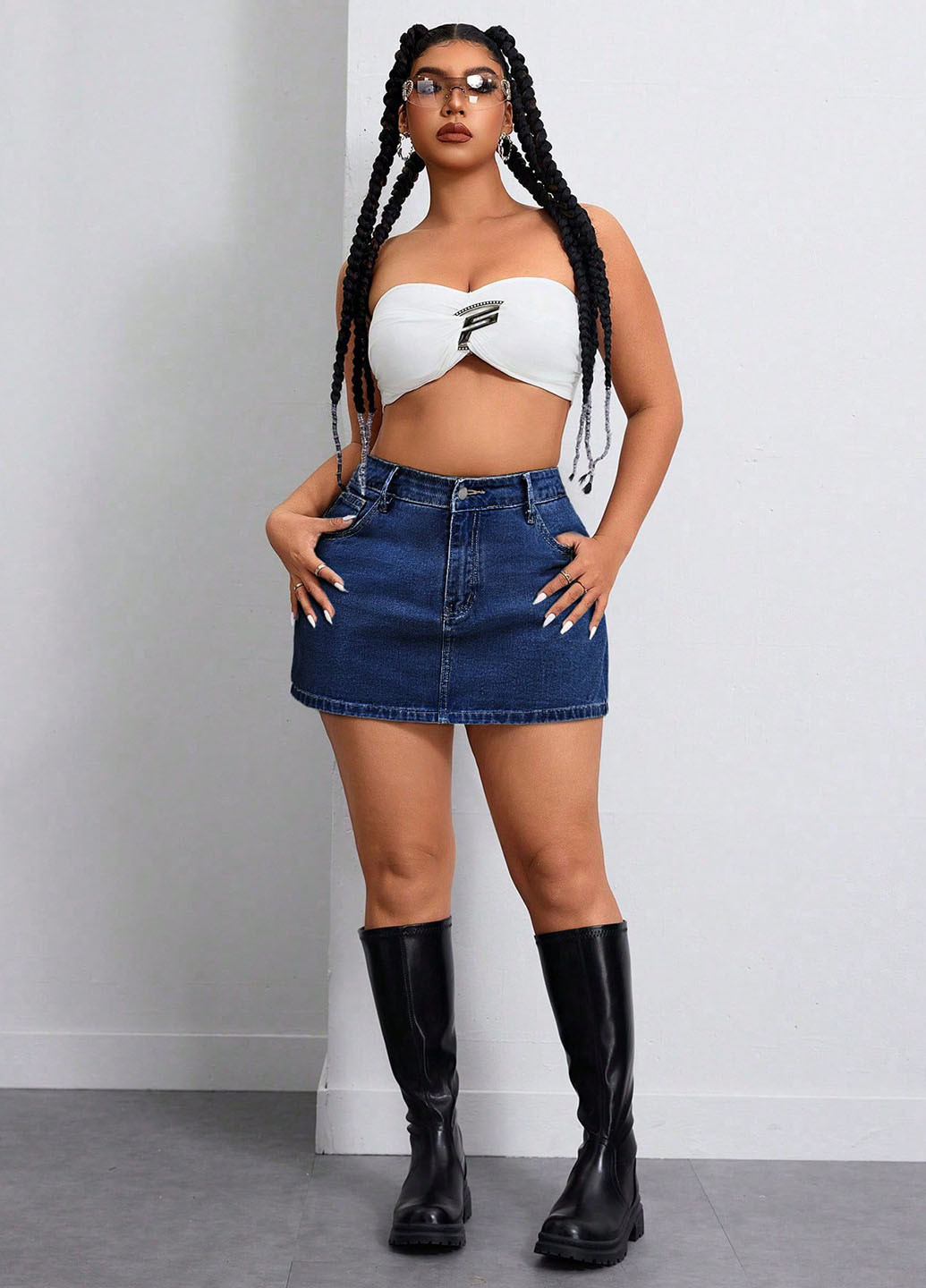 Темно-синяя джинсовая однотонная юбка SHEIN а-силуэта (трапеция)