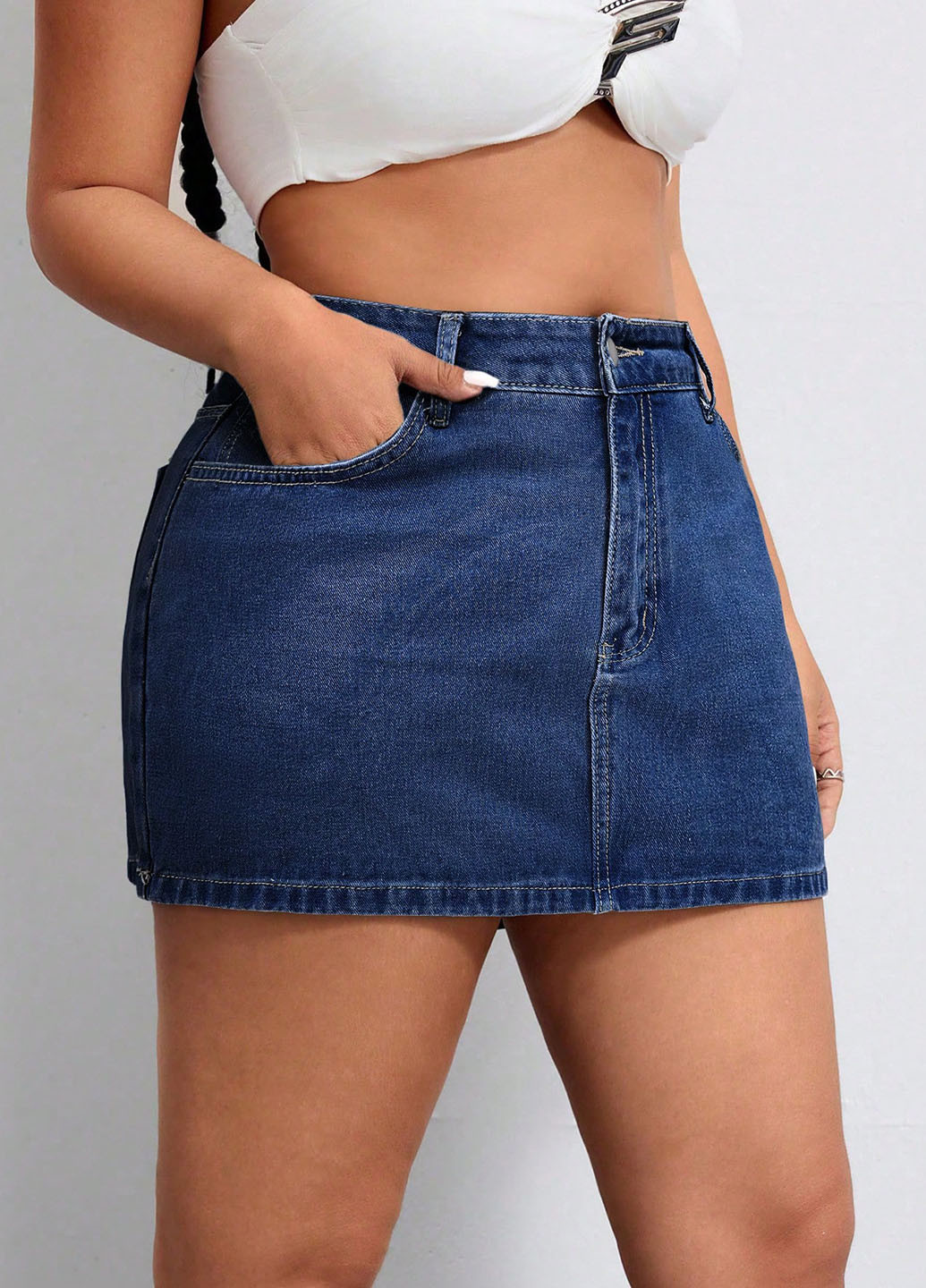 Темно-синяя джинсовая однотонная юбка SHEIN а-силуэта (трапеция)