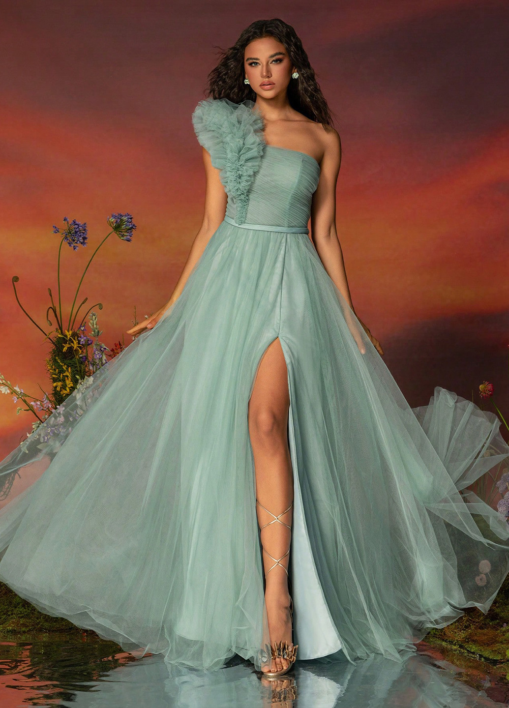 М'ятна святковий, вечірня сукня на одне плече SHEIN однотонна