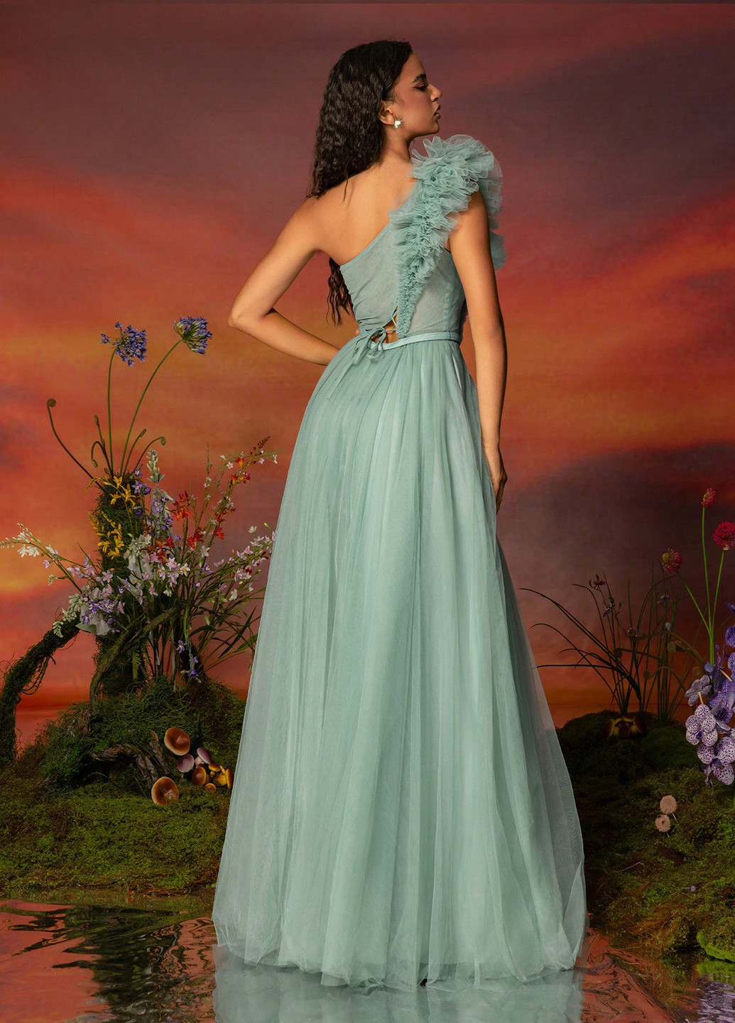 М'ятна святковий, вечірня сукня на одне плече SHEIN однотонна