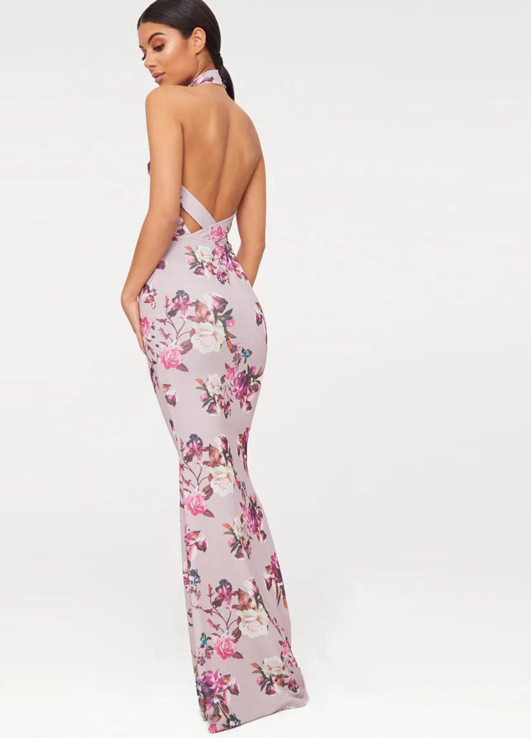 Розово-лиловое вечернее платье с открытой спиной PrettyLittleThing розы