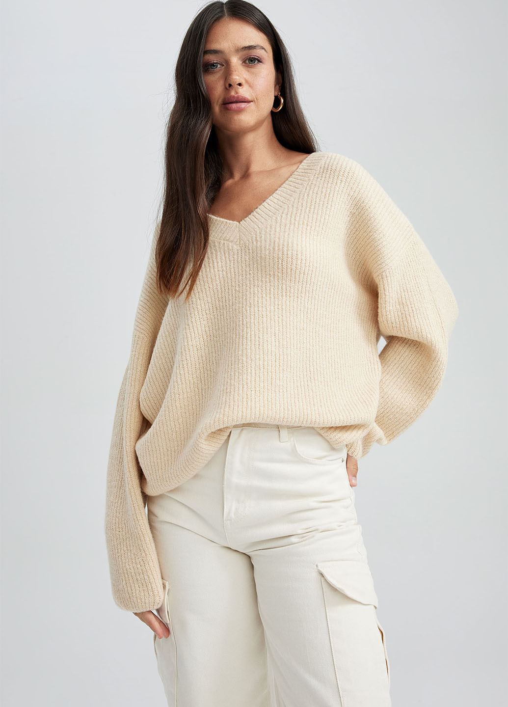 Светло-бежевый зимний пуловер пуловер DeFacto