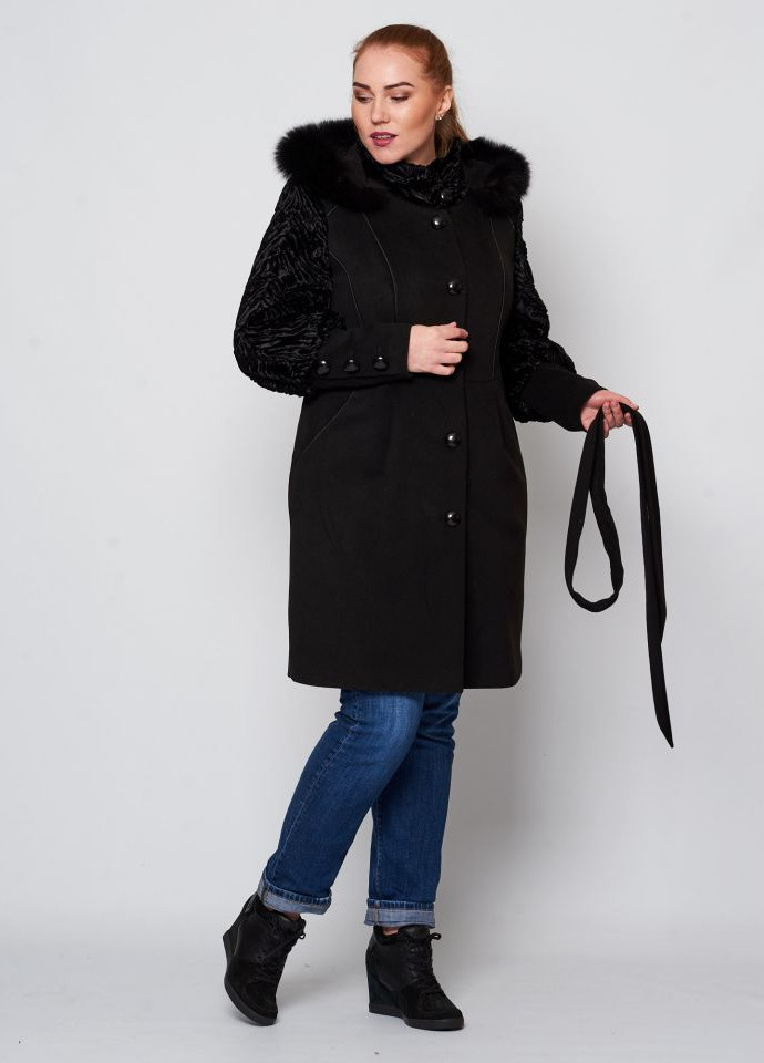 Черное зимнее Пальто с меховыми рукавами Mangust