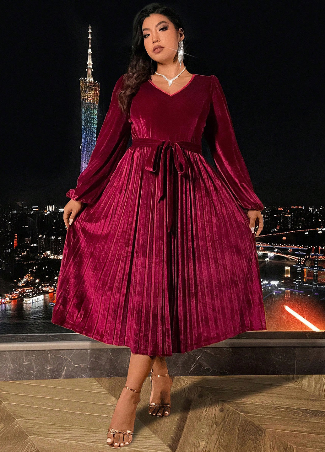 Темно-червона кежуал сукня кльош, плісована SHEIN однотонна