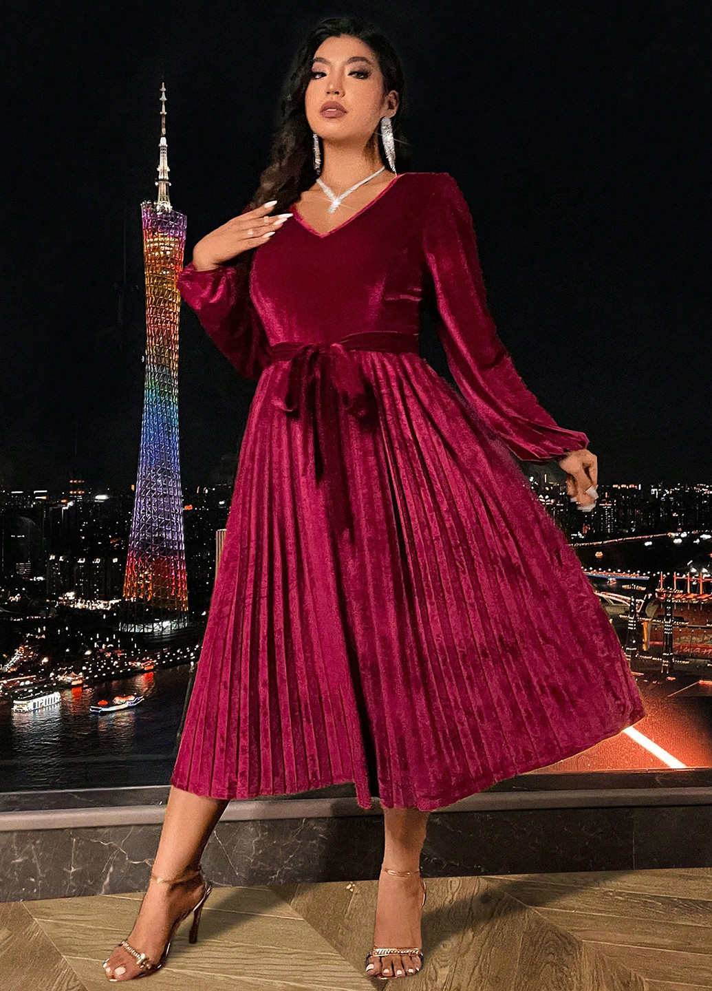 Темно-червона кежуал сукня кльош, плісована SHEIN однотонна