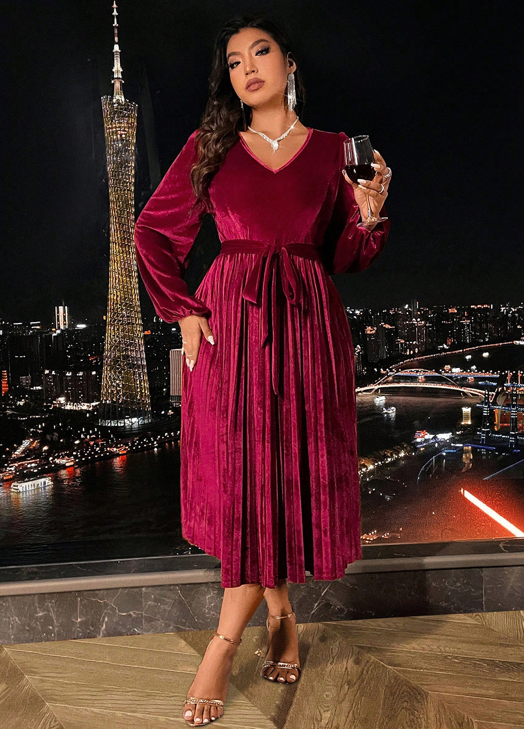 Темно-червона кежуал сукня кльош, плісована SHEIN однотонна