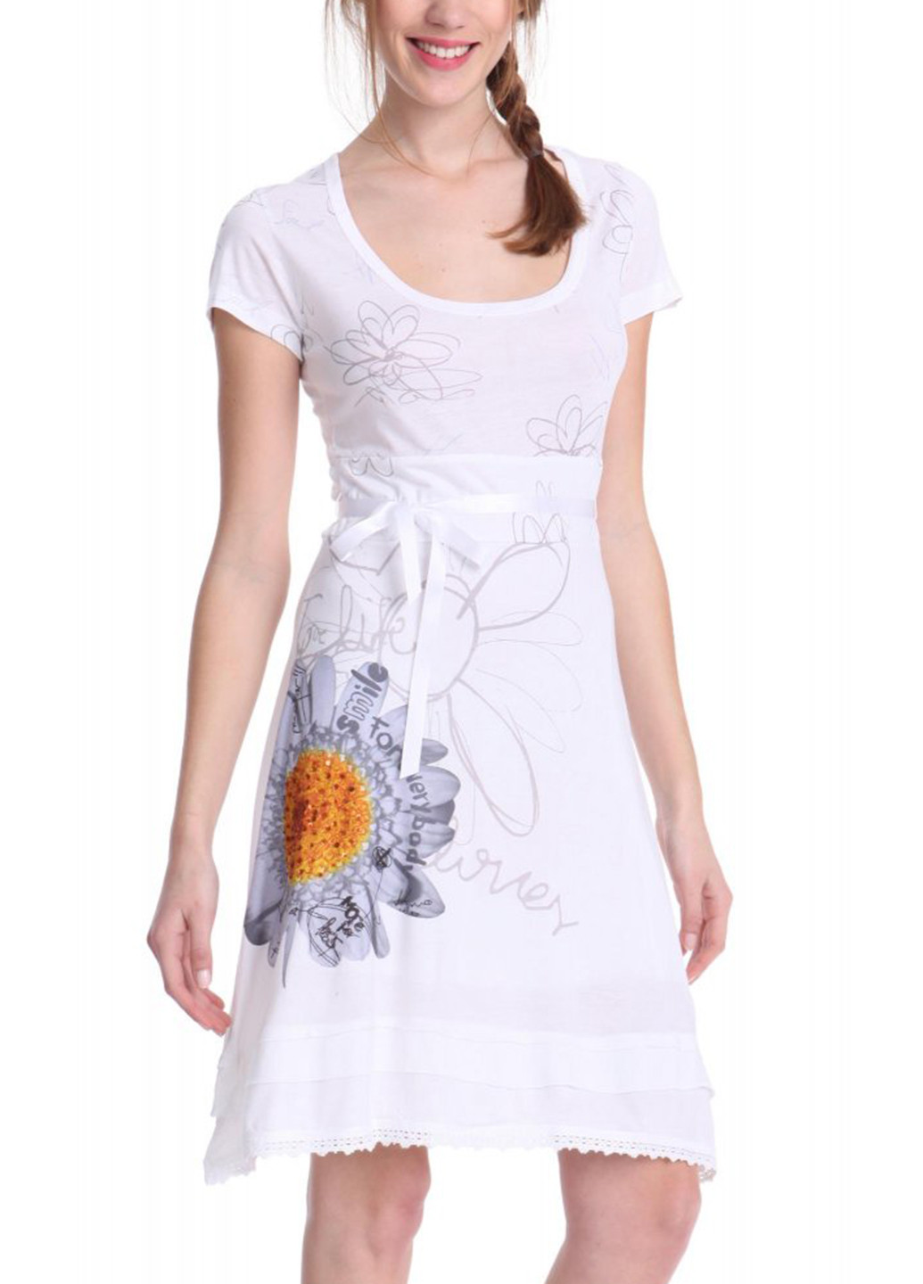 Белое кэжуал платье клеш Desigual с цветочным принтом