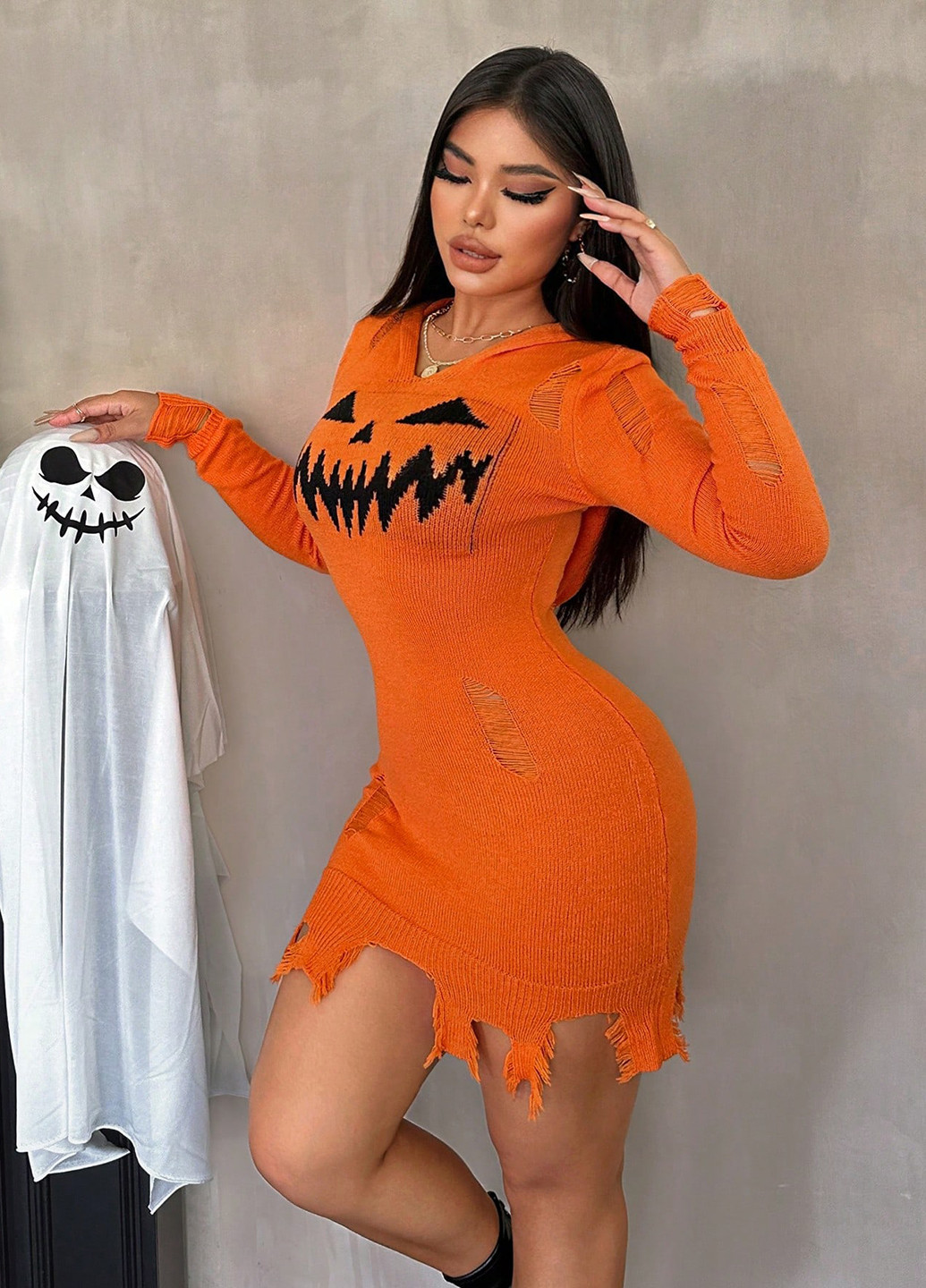 Оранжевое кэжуал платье платье-свитер SHEIN с рисунком