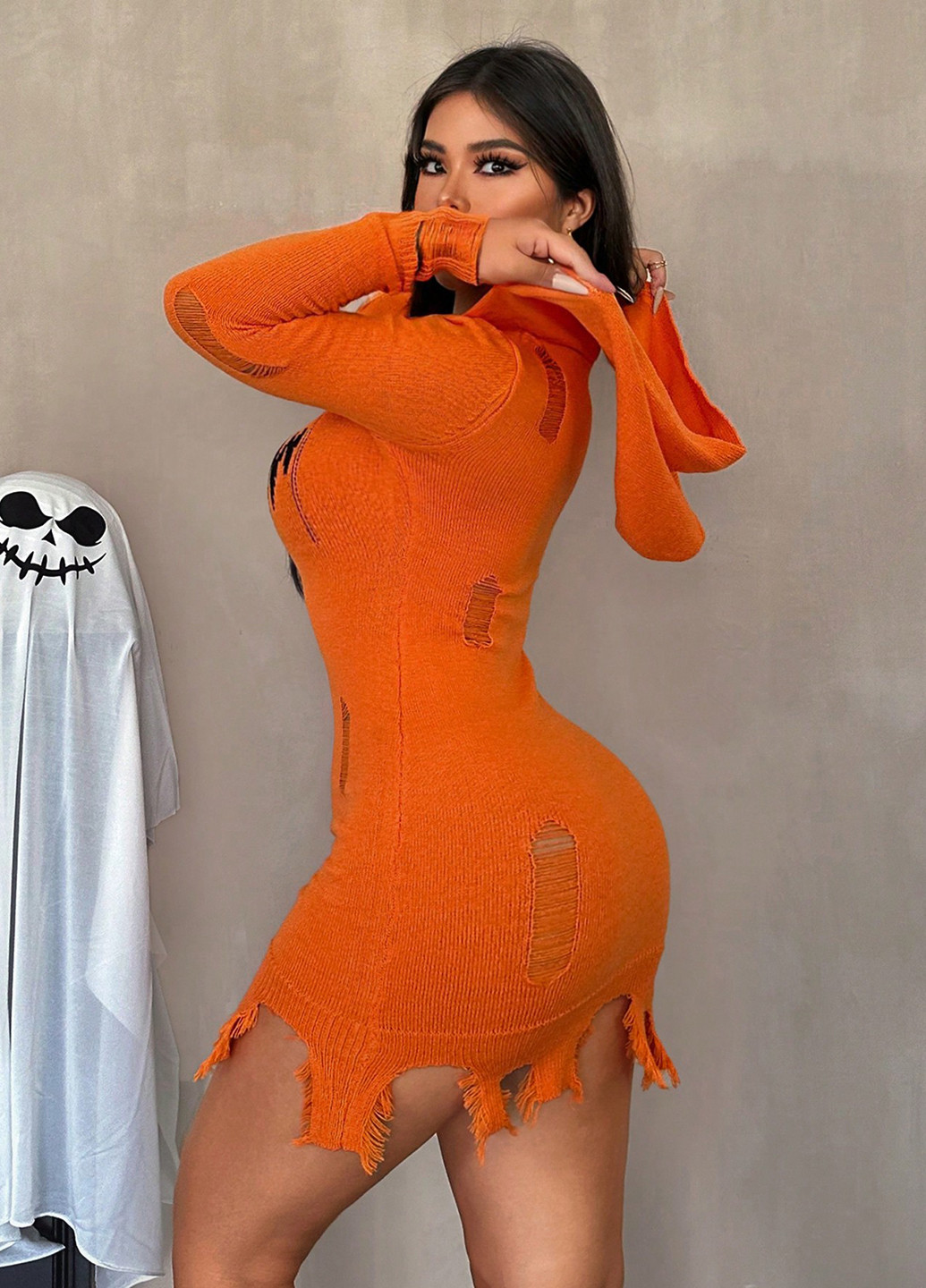 Оранжевое кэжуал платье платье-свитер SHEIN с рисунком