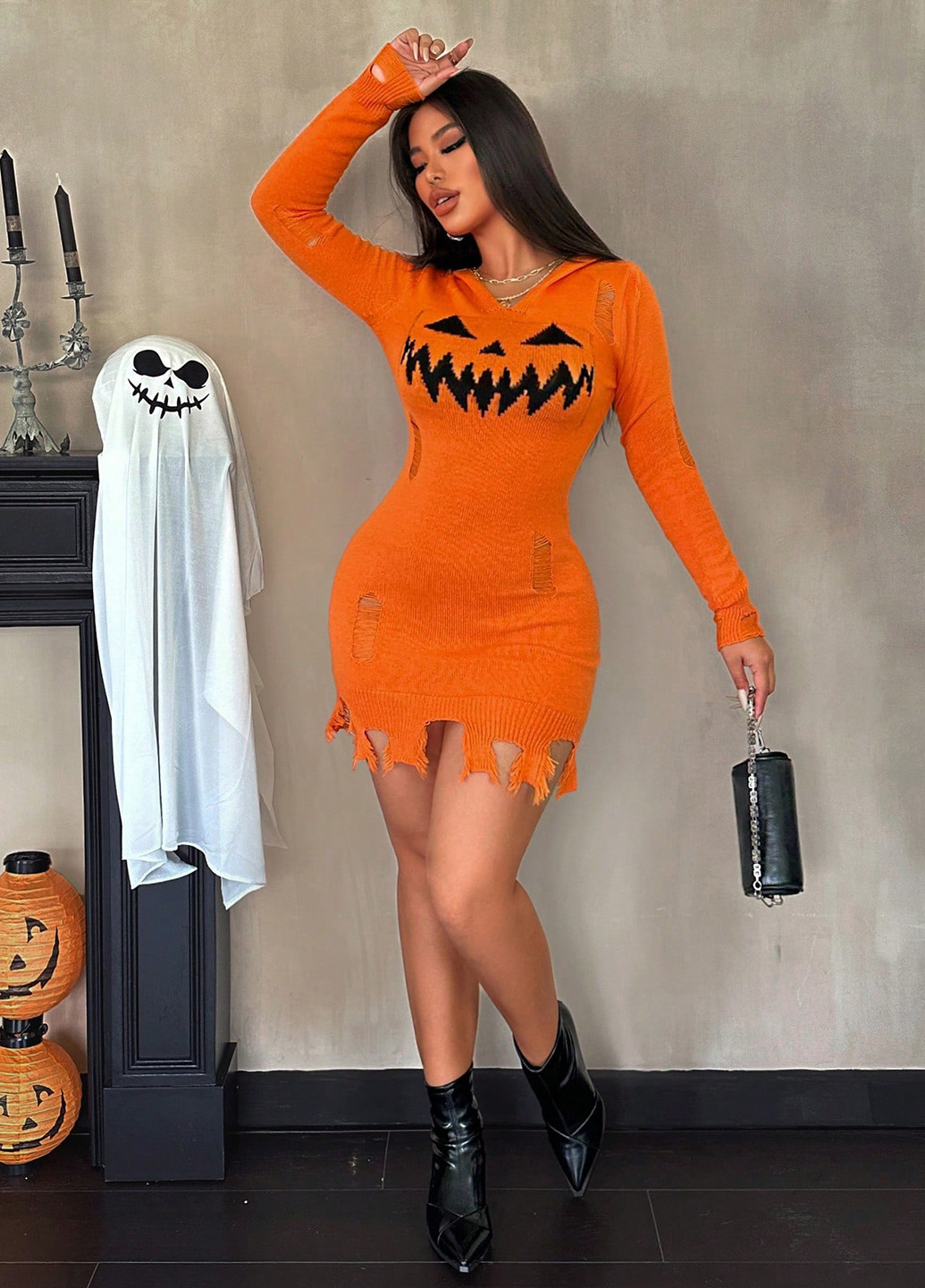 Оранжевое кэжуал платье платье-свитер SHEIN с рисунком