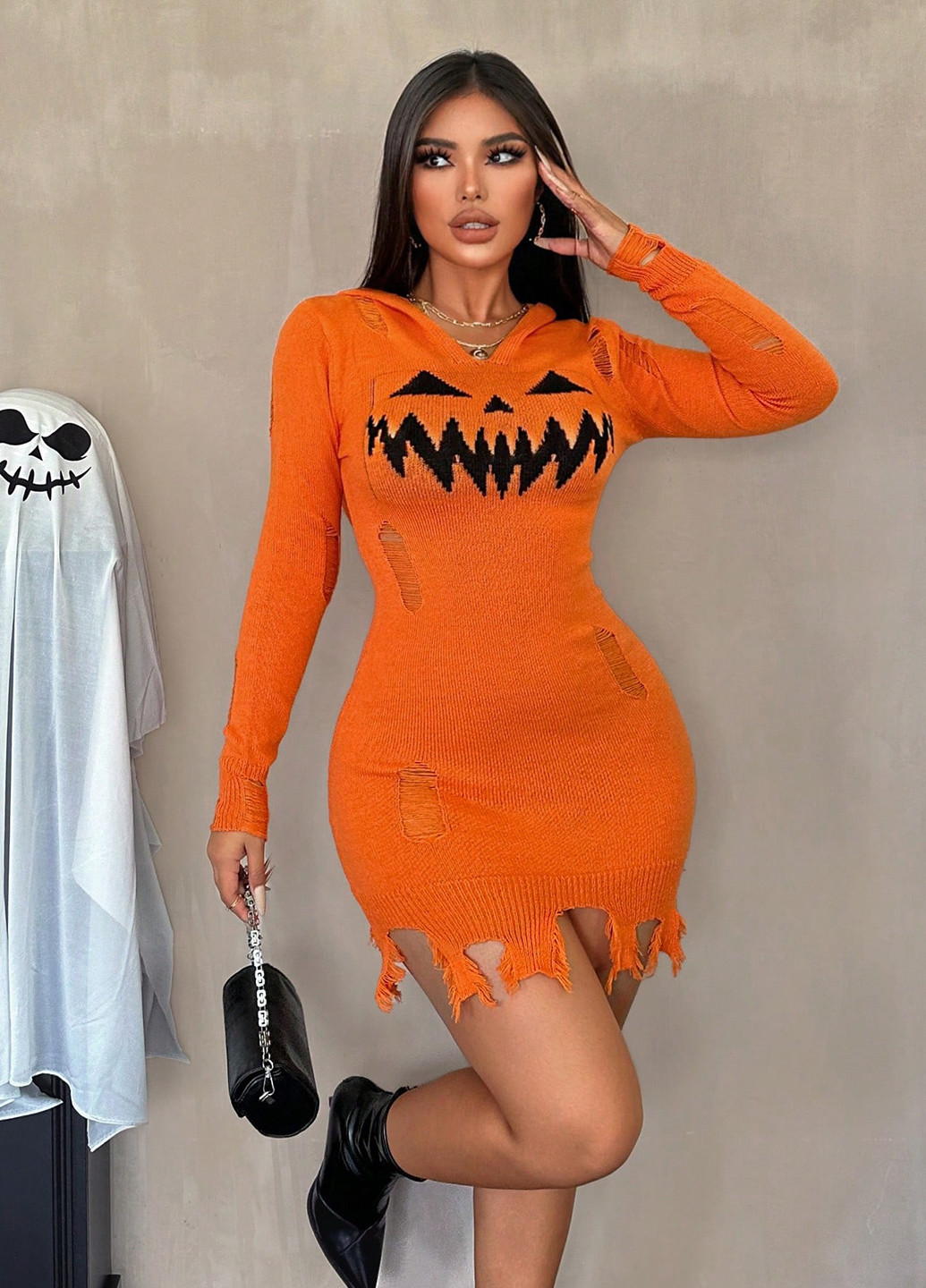 Оранжевое кэжуал платье платье-свитер SHEIN с рисунком