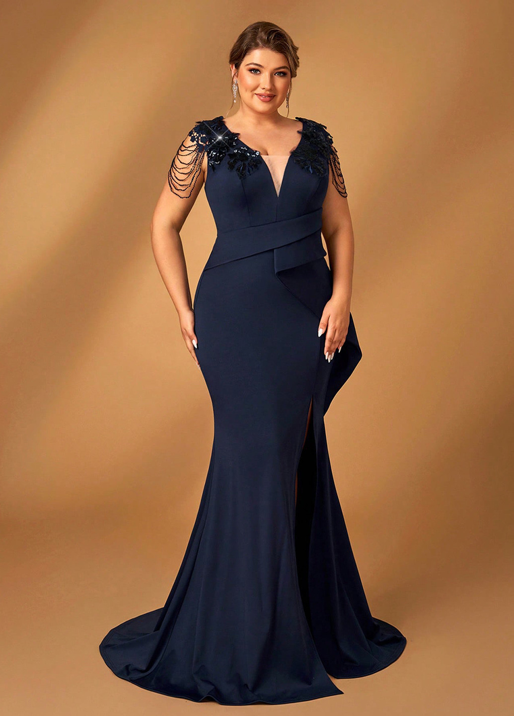 Темно-синее праздничный, вечернее платье со шлейфом, годе SHEIN однотонное
