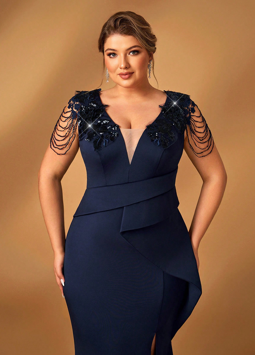 Темно-синее праздничный, вечернее платье со шлейфом, годе SHEIN однотонное