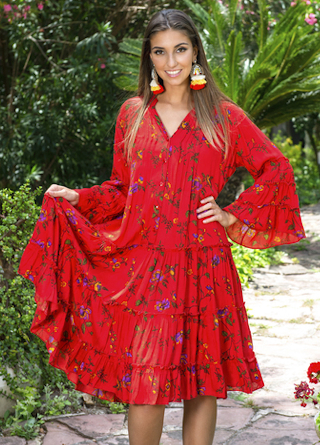 Красное пляжное платье клеш Indiano с цветочным принтом
