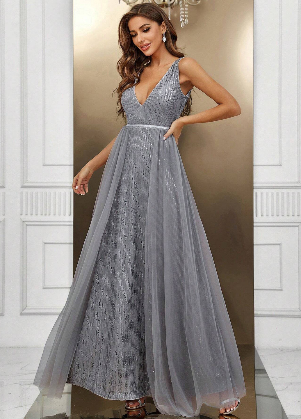 Сіра вечірня сукня з пишною спідницею, а-силует, з відкритою спиною SHEIN однотонна