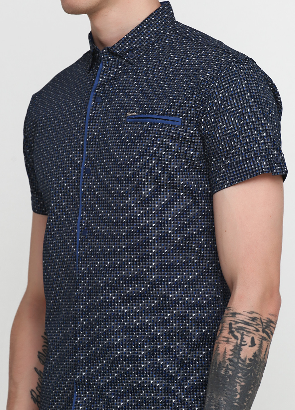 Темно-синяя кэжуал рубашка с геометрическим узором RECOBA с коротким рукавом