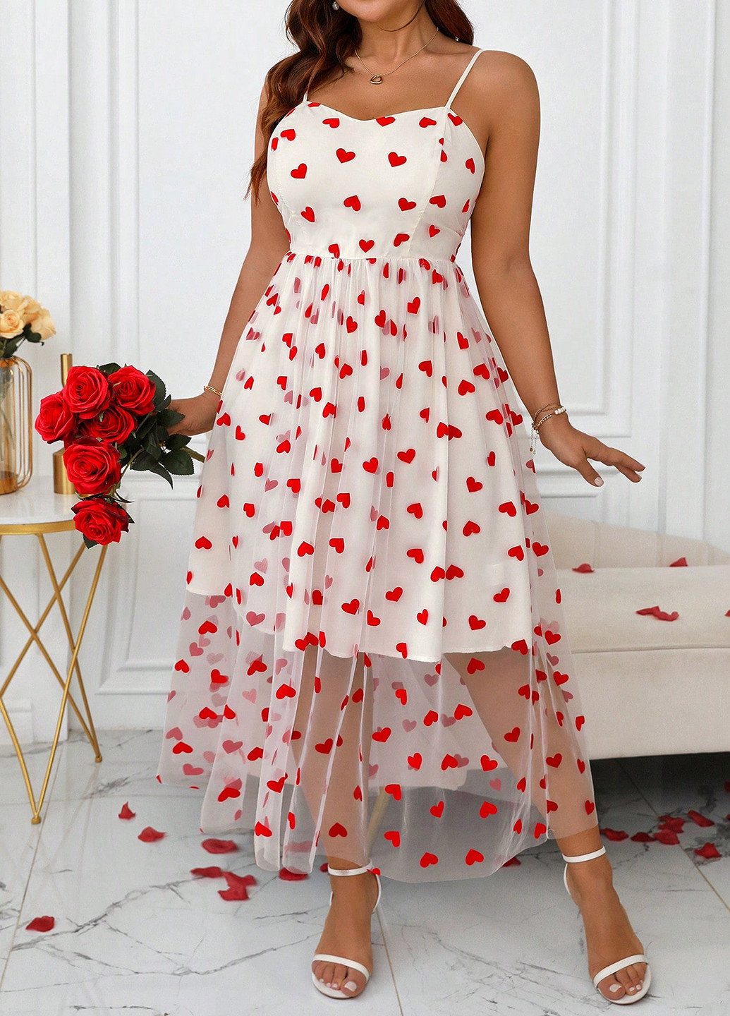 Білий вечірня сукня з спідницею-сонце, в стилі армпір SHEIN сердечка