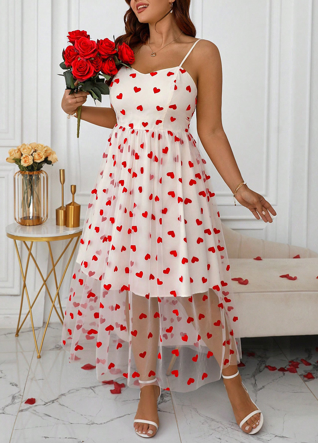 Білий вечірня сукня з спідницею-сонце, в стилі армпір SHEIN сердечка