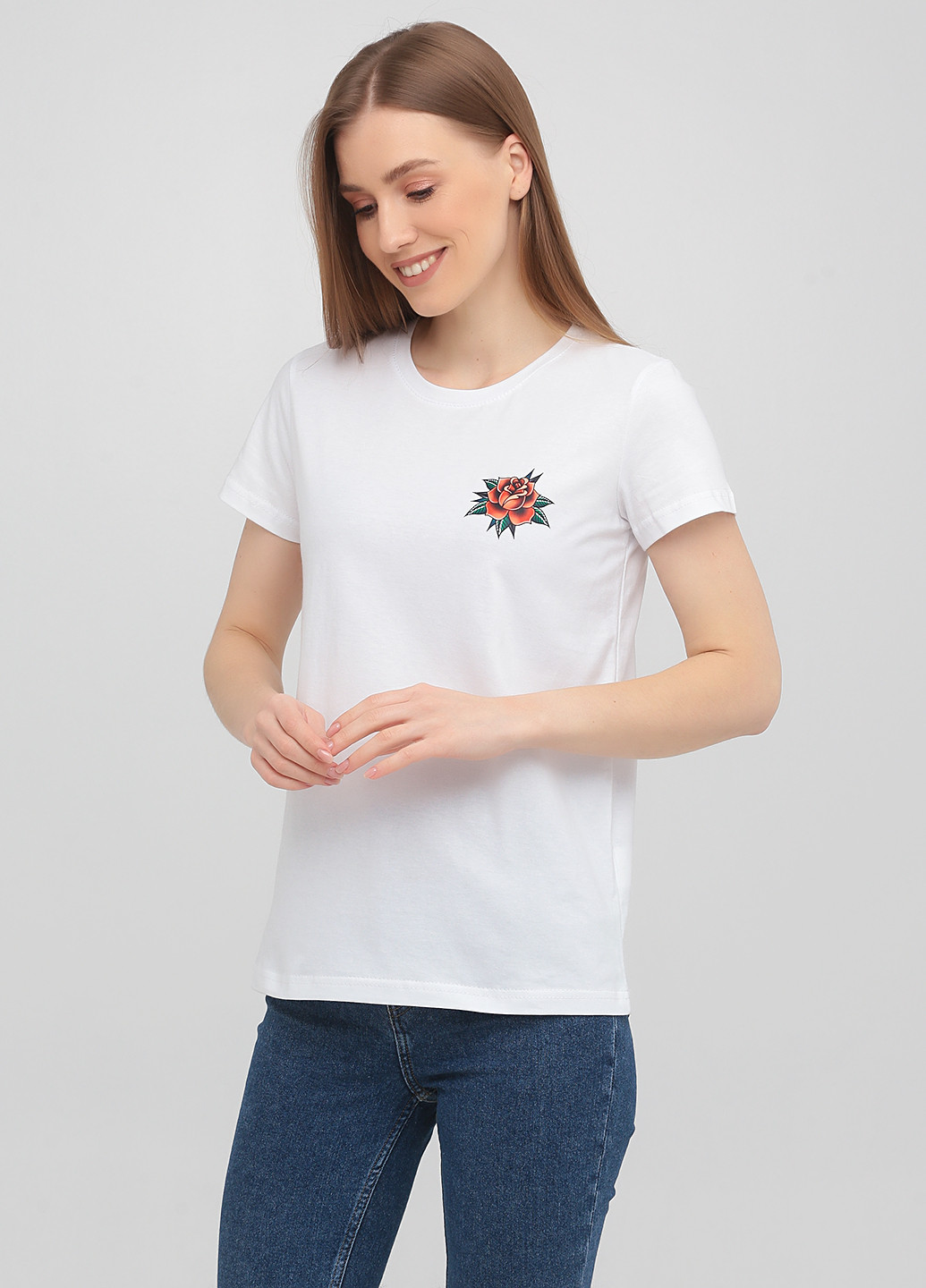 Белая летняя женская футболка, базовая роза KASTA design