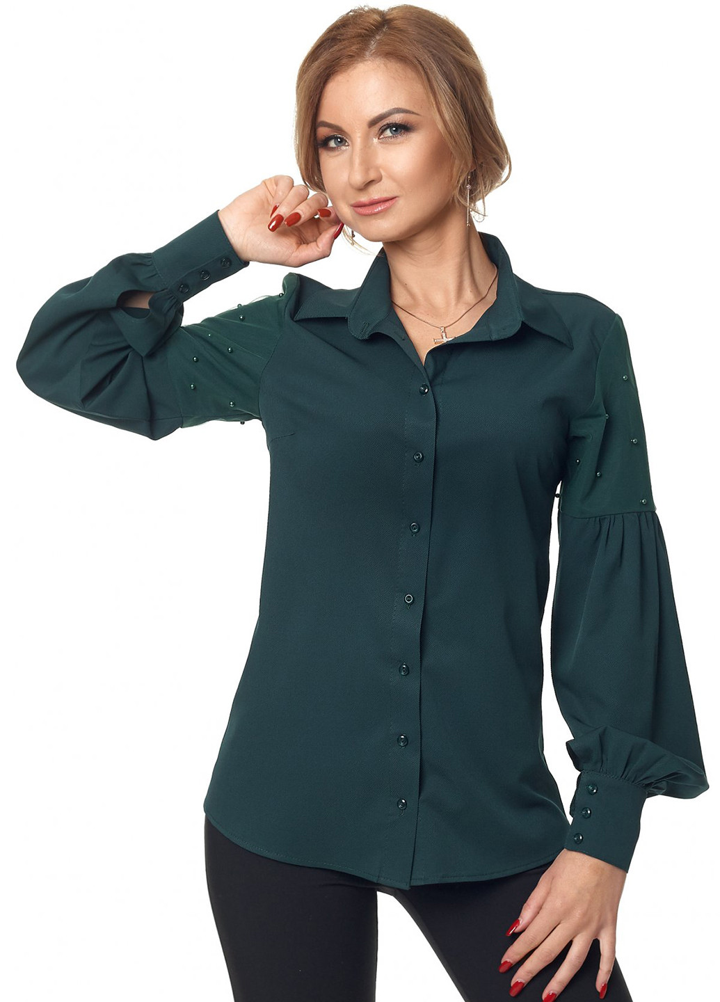 Темно-зеленая кэжуал рубашка однотонная SL-Fashion