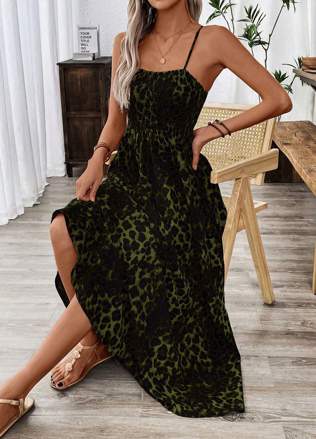 Оливкова кежуал сукня а-силует SHEIN леопардовий