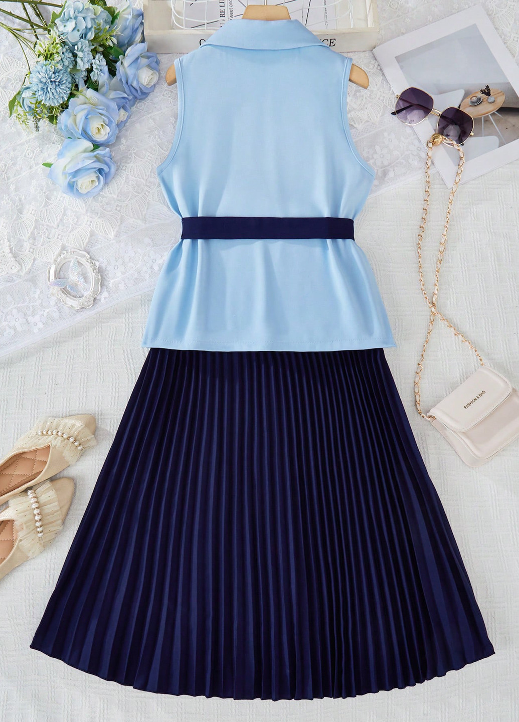 Темно-синий летний костюм (жилет, платье) SHEIN