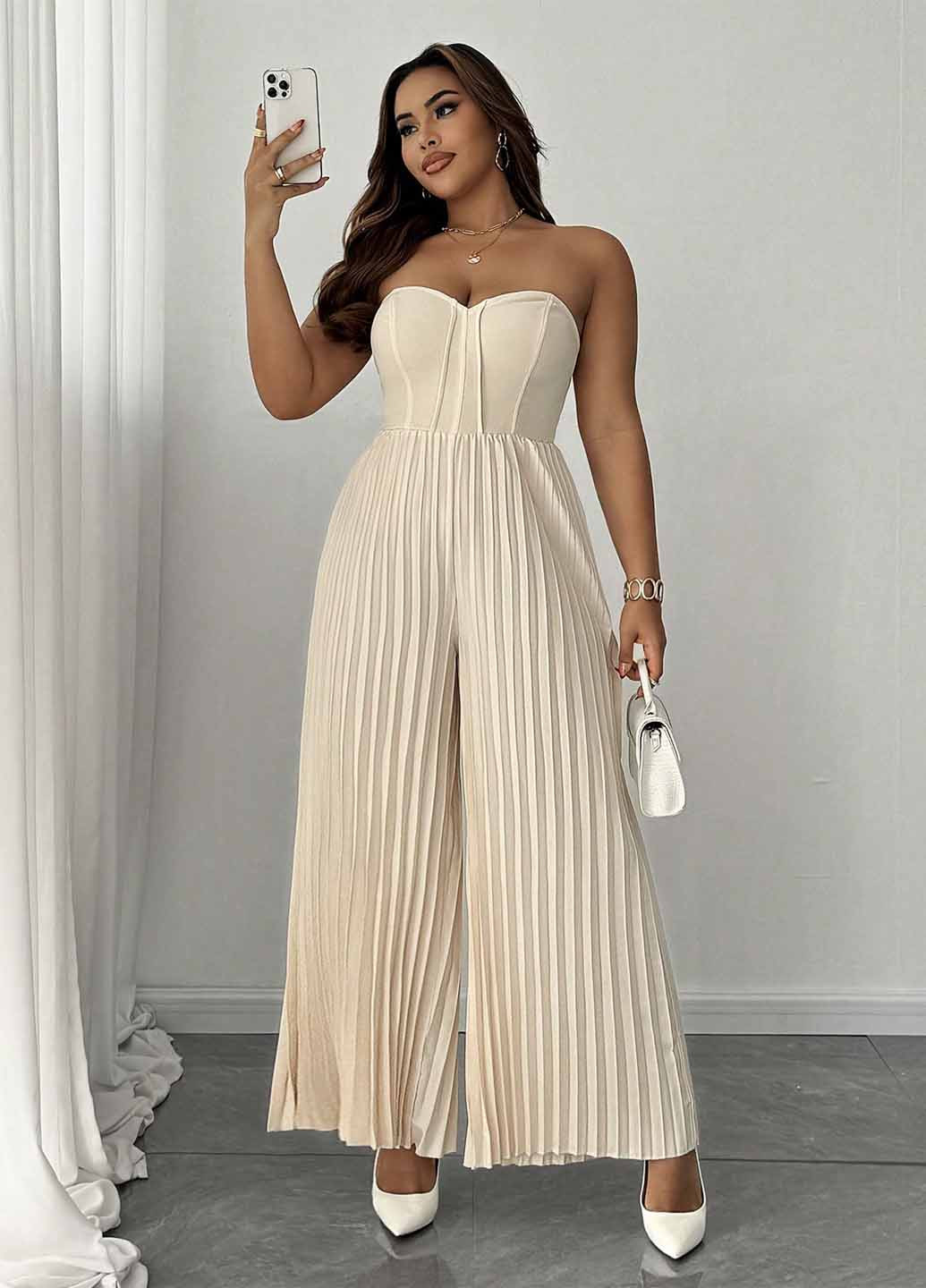 Комбинезон SHEIN комбинезон-брюки однотонный кремовый кэжуал полиэстер