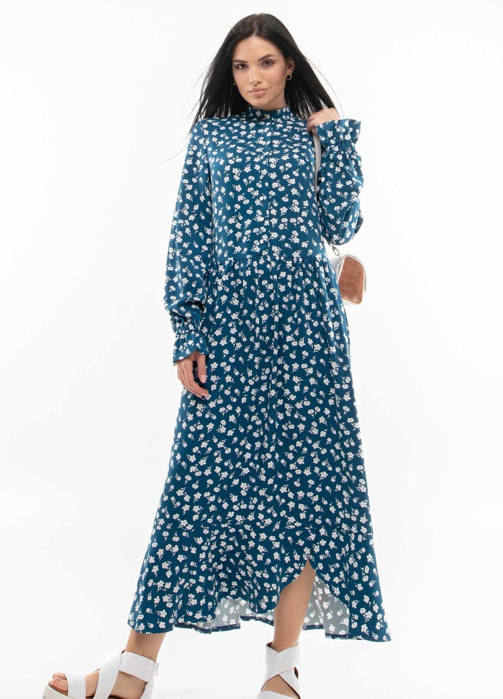 Комбинированное кэжуал платье флорет пл 2420 сине-белый Ри Мари однотонное