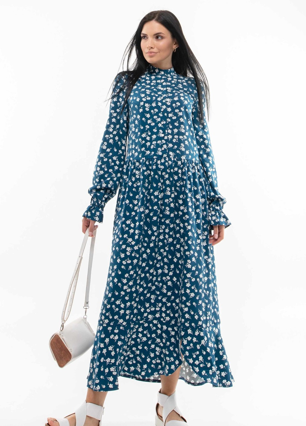 Комбинированное кэжуал платье флорет пл 2420 сине-белый Ри Мари однотонное