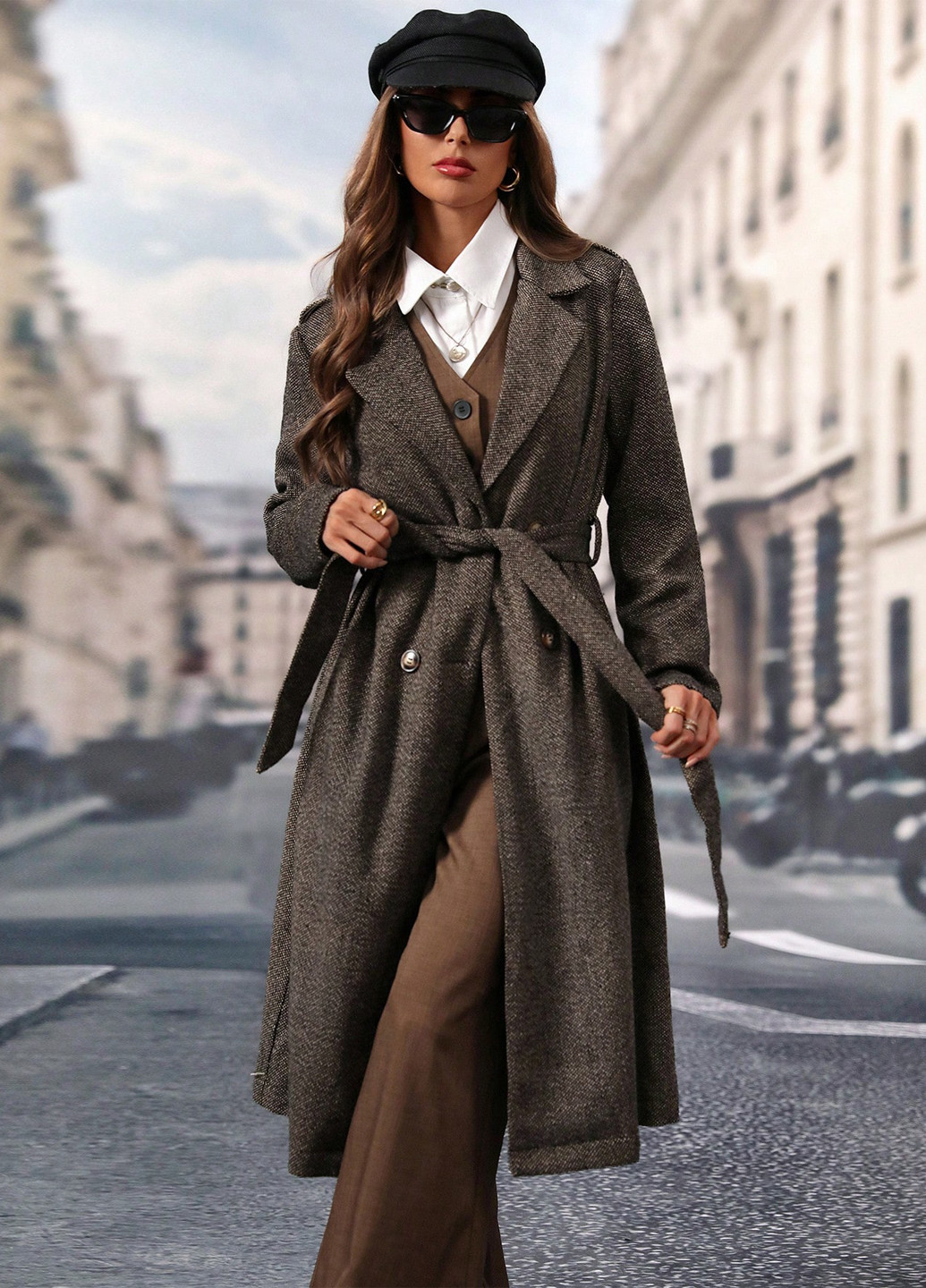 Коричневе демісезонне Пальто двобортне SHEIN