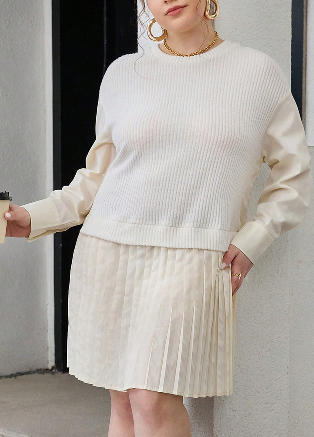 Молочное кэжуал платье плиссированное SHEIN однотонное